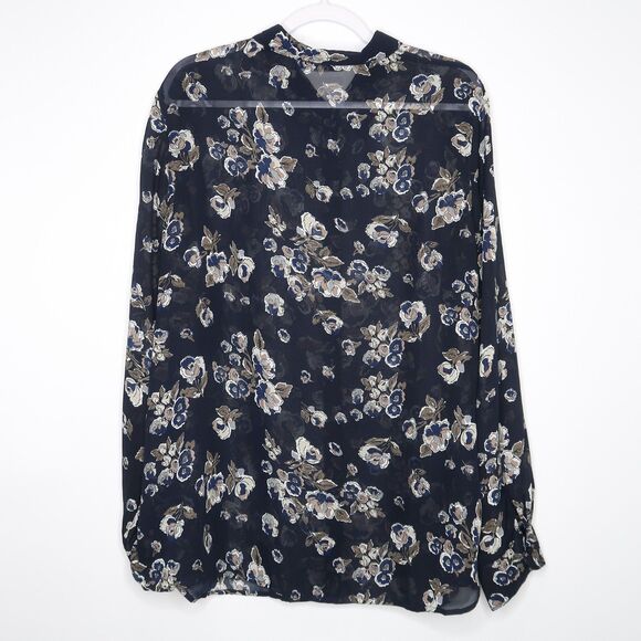 MG Women Button Up Blouse Plus Size 3X Blue Floral Artsy Sheer Office Career - Picture 2 of 7
